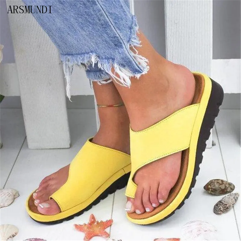 

ARSMUNDI Women PU Shoes Comfy Platform Flat Sole Ladies Casual Soft Big Toe Foot Correction Sandal Orthopedic Bunion M664