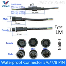 5 çift su geçirmez konnektör Akım 2.4A/4A 5 pin/6 pin/7 pin/8pin tel kablo ile IP67 dişi erkek fiş 0.3/0.5 (mm2)