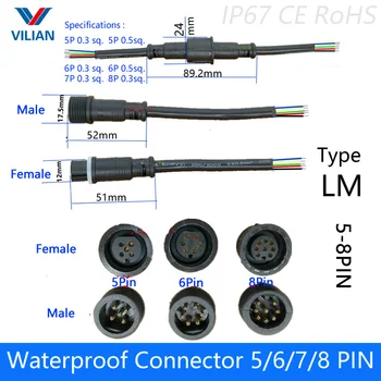 

5 pairs Waterproof connector Current 2.4A/4A 5 pin / 6 pin / 7 pin / 8pin with wire cable IP67 female male plug 0.3/0.5 (mm2)