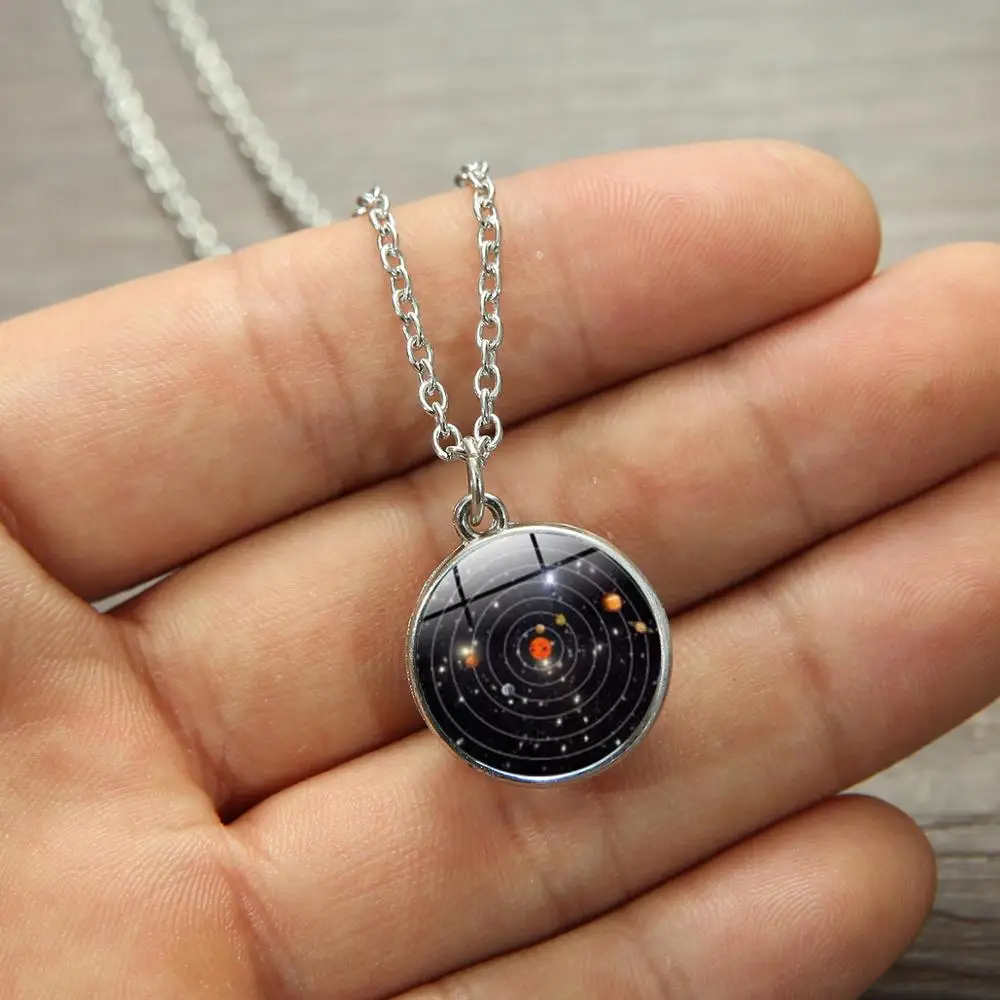 SIAN Vintage Solar System Glass Ball Necklace Planetary Orbits Galaxy Space Time Gem Handmade Pendant Chain Astronomy Ornaments