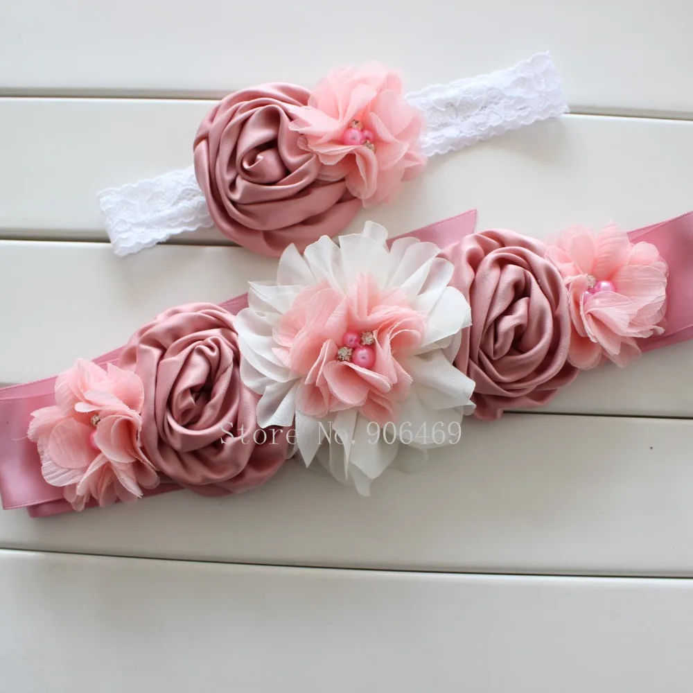 Fashion Vintage Pink/ivory flower Belt,Girl Woman Sash Belt Wedding Sashes belt with flower headband 9colors Upick