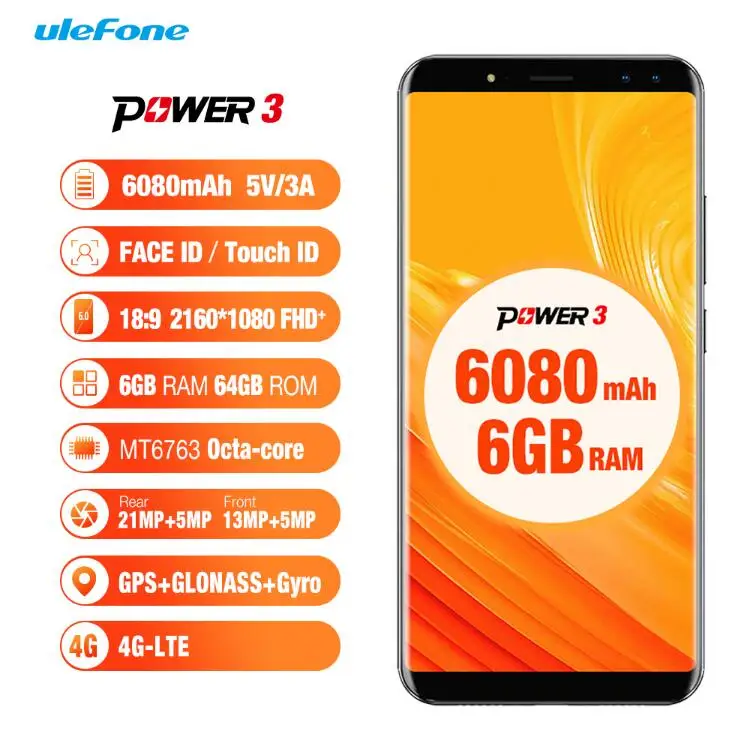 Ulefone мощность 3 6 ГБ 64 и 6080 mAh Helio P23 MT6763 Восьмиядерный 0 дюйма 18:9 FHD Face ID 21MP Quad Камера