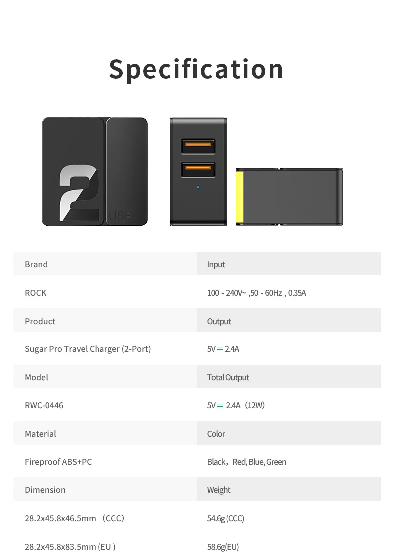 2 4 USB зарядное устройство Rock Универсальный адаптер для быстрой зарядки 5V2. 4A 5V4A EU US штекер для iPhone 7 X XS Max samsung S10 Plus Xiaomi