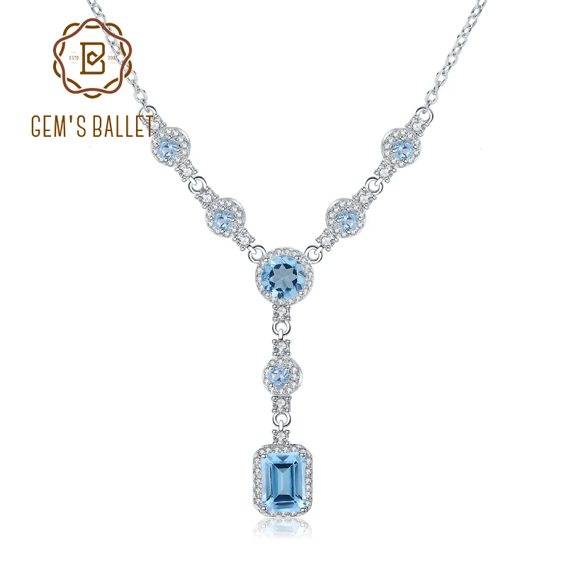 

GEM'S BALLET 3.77Ct Natural Swiss Blue Topaz Gemstone Pendant Necklace for Women 925 Sterling Silver Wedding Y-Necklace Jewelry