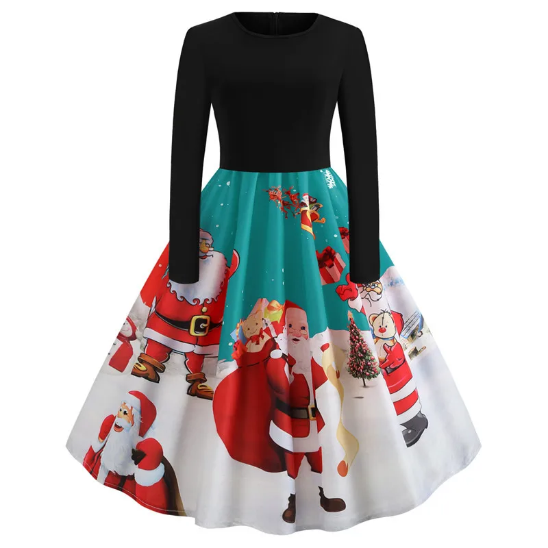 Винтажное женское платье с длинным рукавом, рождественское платье с принтом, зимнее элегантное платье для вечеринок, женское повседневное платье в стиле рокабилли Vestidos - Цвет: 025