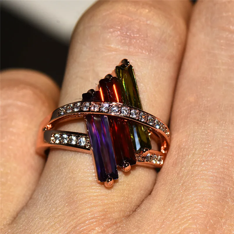Женское кольцо в стиле бохо, фиолетовое, красное, оливковое, зеленое, милое, розовое золото, кристалл радуги, циркон, камень, кольцо, обручальные кольца для женщин