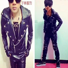 Костюмы мужские Черный Мандарин с заклепками в стиле панк-рок господа Slim с длинными рукавами кожаная куртка пальто певица Танцы Этап одежда