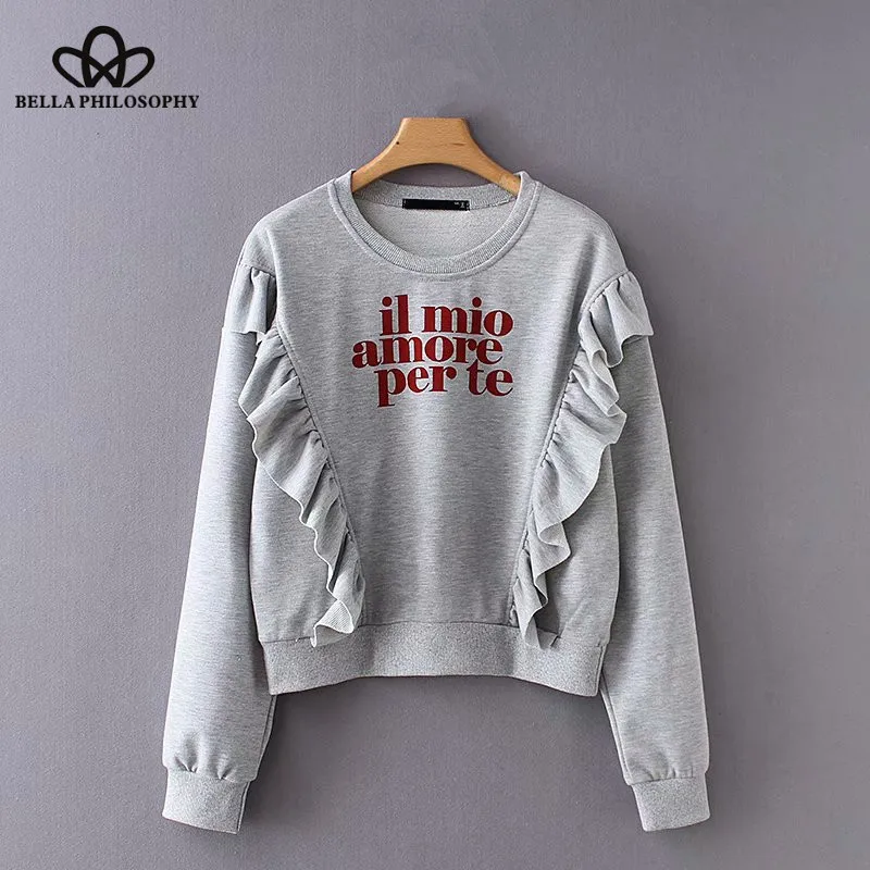 Wonder 2018 new autumn sweet letters print ruffles hoodies ladies long sleeve chic pullovers o neck casual sweatershirts tops
