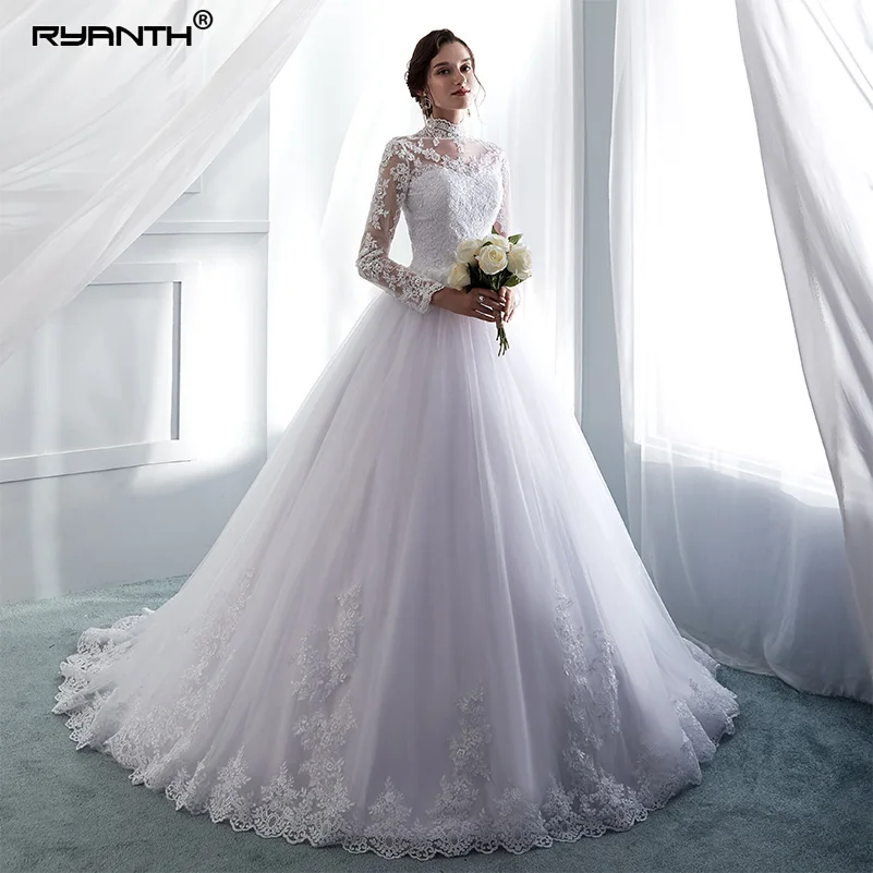 Ryanth Vestido De Noiva свадебное платье с высоким воротником и длинным рукавом кружевное бальное платье винтажное свадебное платье невесты Robe De Mariage