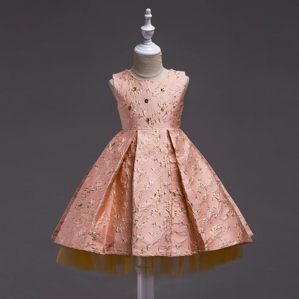 

Girls sleeveless hot gold embroidered Princess flower girl tutu children's birthday party dress