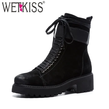 

WETKISS Cow Suede Women Ankle Motorcycle Boots Round Toe Lace Up Footwear Zip Female Boot Platform Army Shoes Woman 2018 Autumn