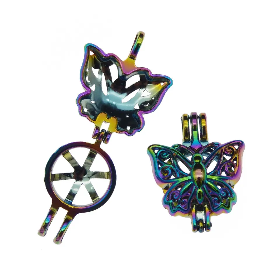 10pcs Rainbow Color Zinc Alloy Pearl Cage Pendants Aromatherapy Animal Butterfly Essential Oil Diffuser Jewelry Necklace DIY