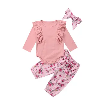 

3pcs Baby Girls Solid Ruffle Long Sleeve Tops T shirt High Waist Floral Pants Headband Outfits Newborn Kids Cotton Clothes Set