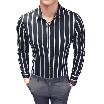 

2018 Autumn Designer New Fashion Striped Shirt Men Slim Fit Korea Shirts Men Clothes Long Sleeve Shirts 5XL