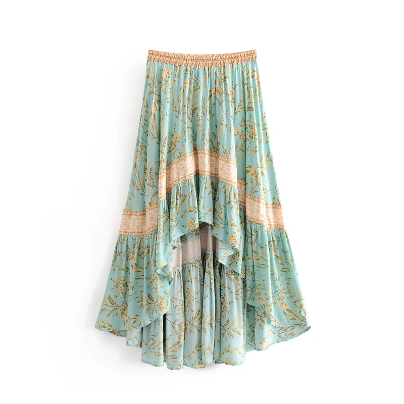 

2019 new design elastic waist skirt women fashion green floral front short back long summer beach maxi skirt streetwear clothes