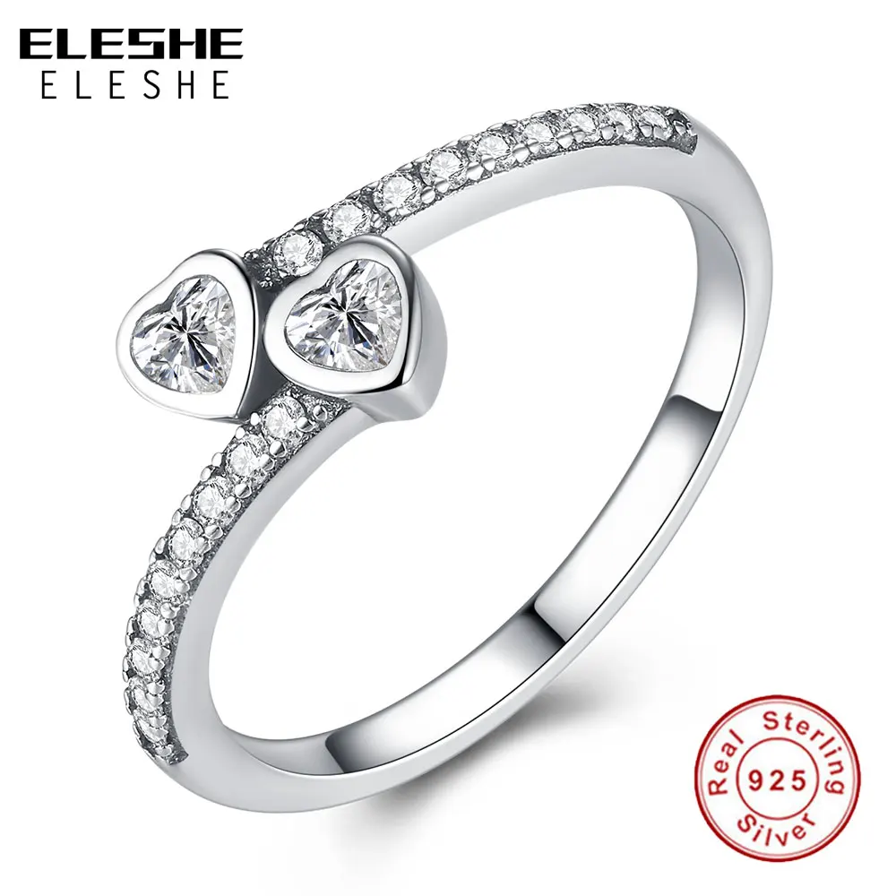 

ELESHE Classic 100% 925 Sterling Silver Rings Crystal Double Hearts Finger Rings for Women Wedding Engagement Jewelry bijoux