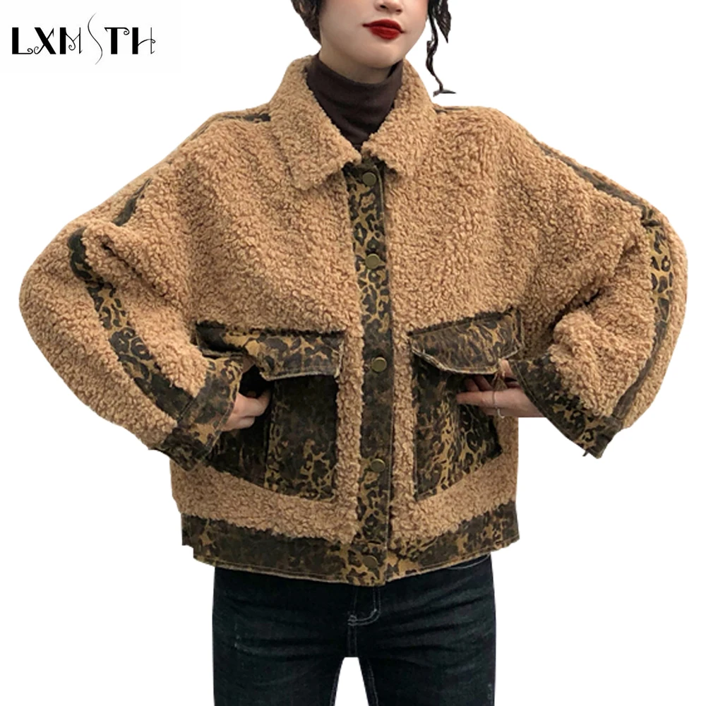 

LXMSTH Winter Thick Leopard Print Faux Fur Jacket Korean Fashion Denim Patchwork Jacket Button Loose Lamb Wool Coat Plus Size