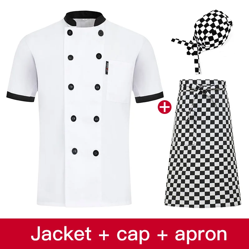 high quality Summer Short-sleeved Chef service jackte Hotel working wear Restaurant work clothes Tooling uniform cook Tops apron - Цвет: jacket cap apron