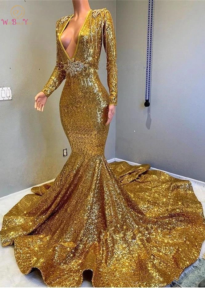 

2019 Golden Prom Dresses Long Sleeves Sequined Mermaid Beaded Stones Backless Sweep Train Vestidos de Festa Party Evening Gowns