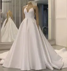 Vestido De Noiva атласные свадебные платья 2019 скромные свадебные одежды Карманы спинки ремни плюс размер платья невесты Robe De Mariee