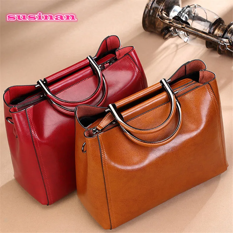 

2018 new fashion leather handbag oil wax cowhide handbag solid color soft women's Messenger bag large capacity shoulderbag 5z