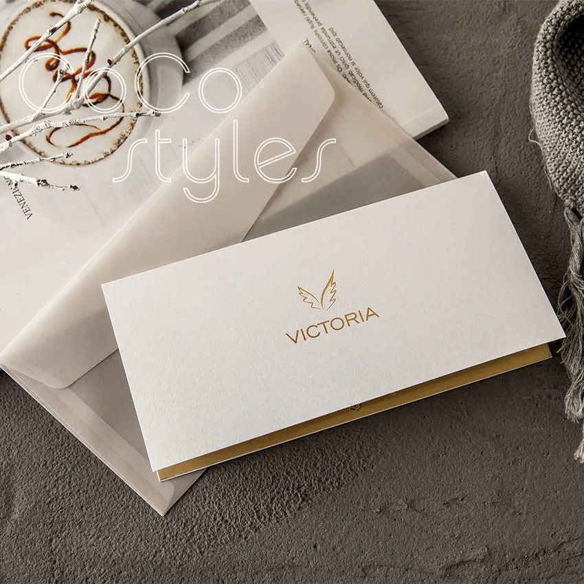 Cocostyles bespoke высокого класса белого золота дизайн пригласительная карта с калькой бумага совпадающий конверт для деловые приглашения