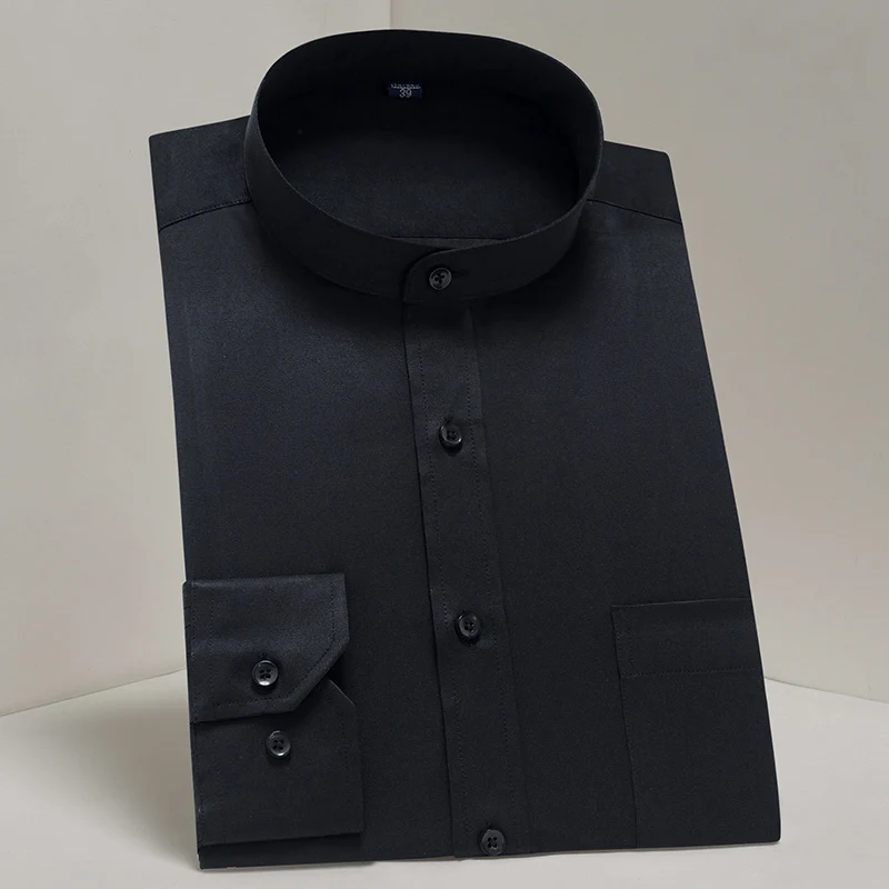 

Recommend China stand collar plain solid men dress shirts long sleeved regular fit party interview formal black/whitemen shirts