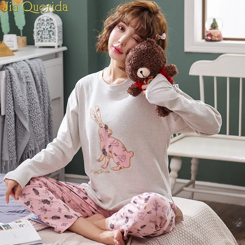 J & Q пижамы женские хлопковые 2019 Весна Pizama милый узор в виде кролика домашняя