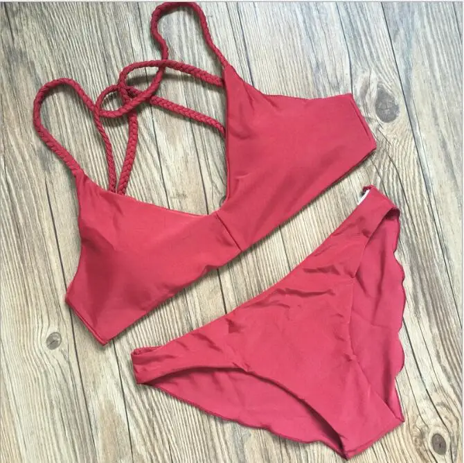 

Dragonpad Women Teen Girls' Swimming Suit Solid Red Color Halter Bikini Swimsuit Sexy Bra + Triangle Pants