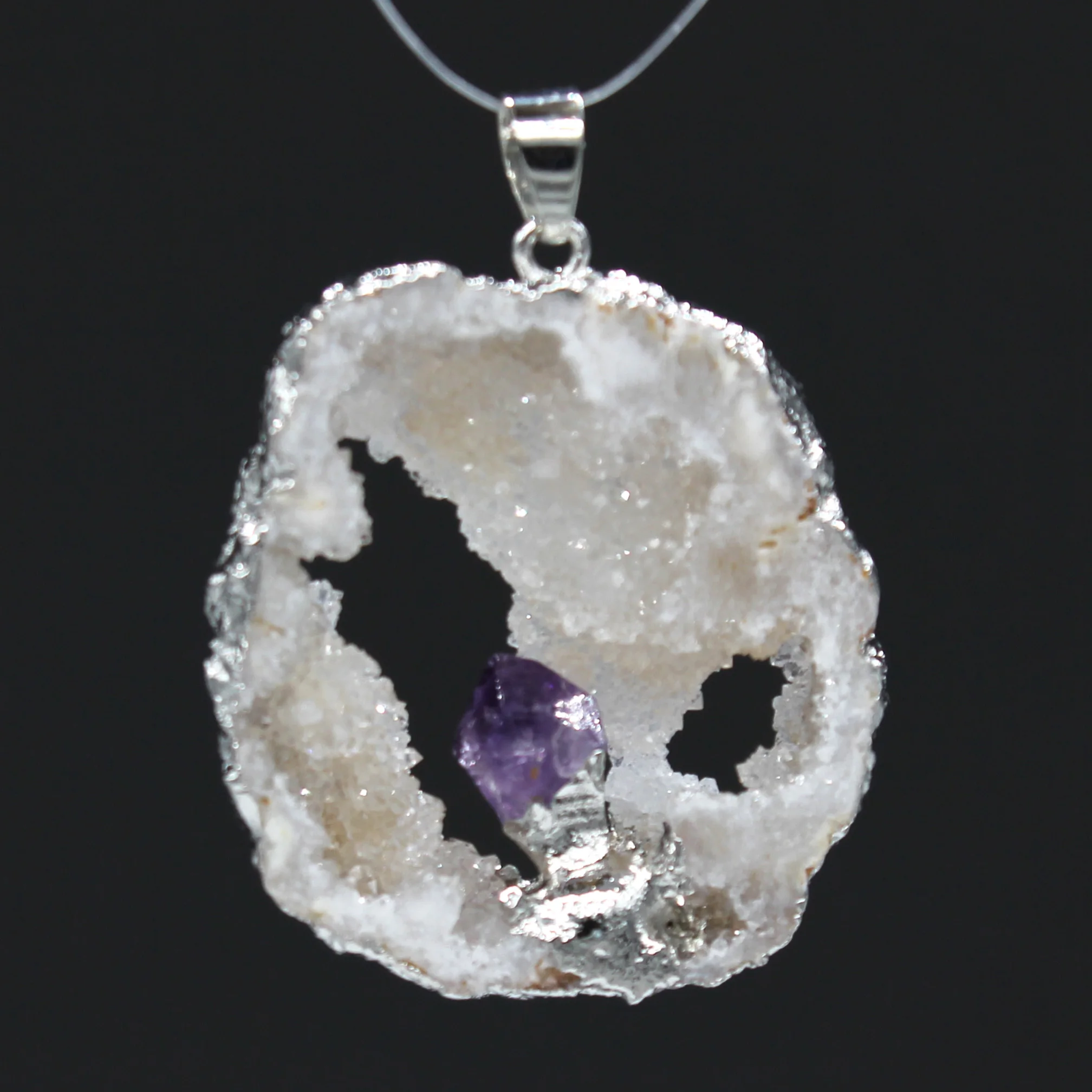 

100-Unique 1 Pcs Silver Plated Irregular Shape Crystal Inlay Small Amethysts Stone Pendant Ethnic Jewelry