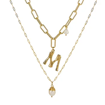 Natural Freshwater Baroque Pearl Pendant Necklace For Women Gold Color 26 A-Z Big Letter Name Initial Necklaces
