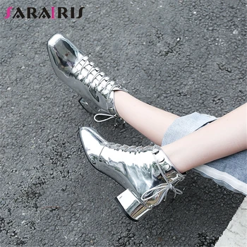 

SARAIRIS Brand New Big Size 33-43 Metal Decoration Patent Leather Women Shoes Woman Party Office Catwalk Autumn Ankle Boots