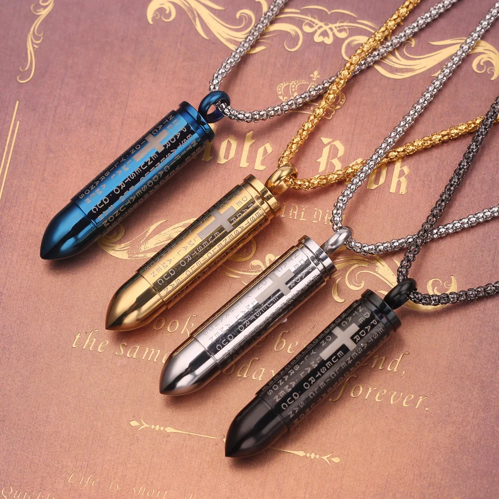 

Hot Jewelry Stainless Steel Men's Bullet Necklace Cross Bible Necklace Unscrew Pendant