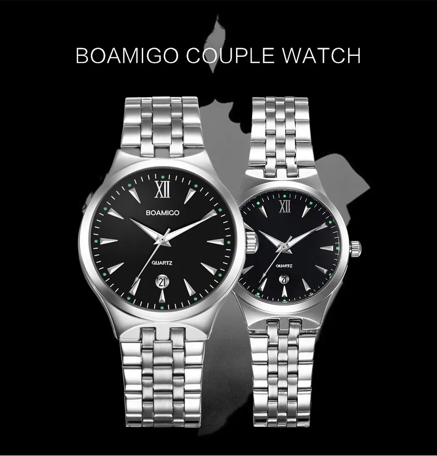 BOAMIGO, брендовые часы для мужчин, кварцевые, бизнес стиль, модные, повседневные часы, полная сталь, дата, для женщин, для влюбленных, пара, 30 м, водонепроницаемые, наручные часы