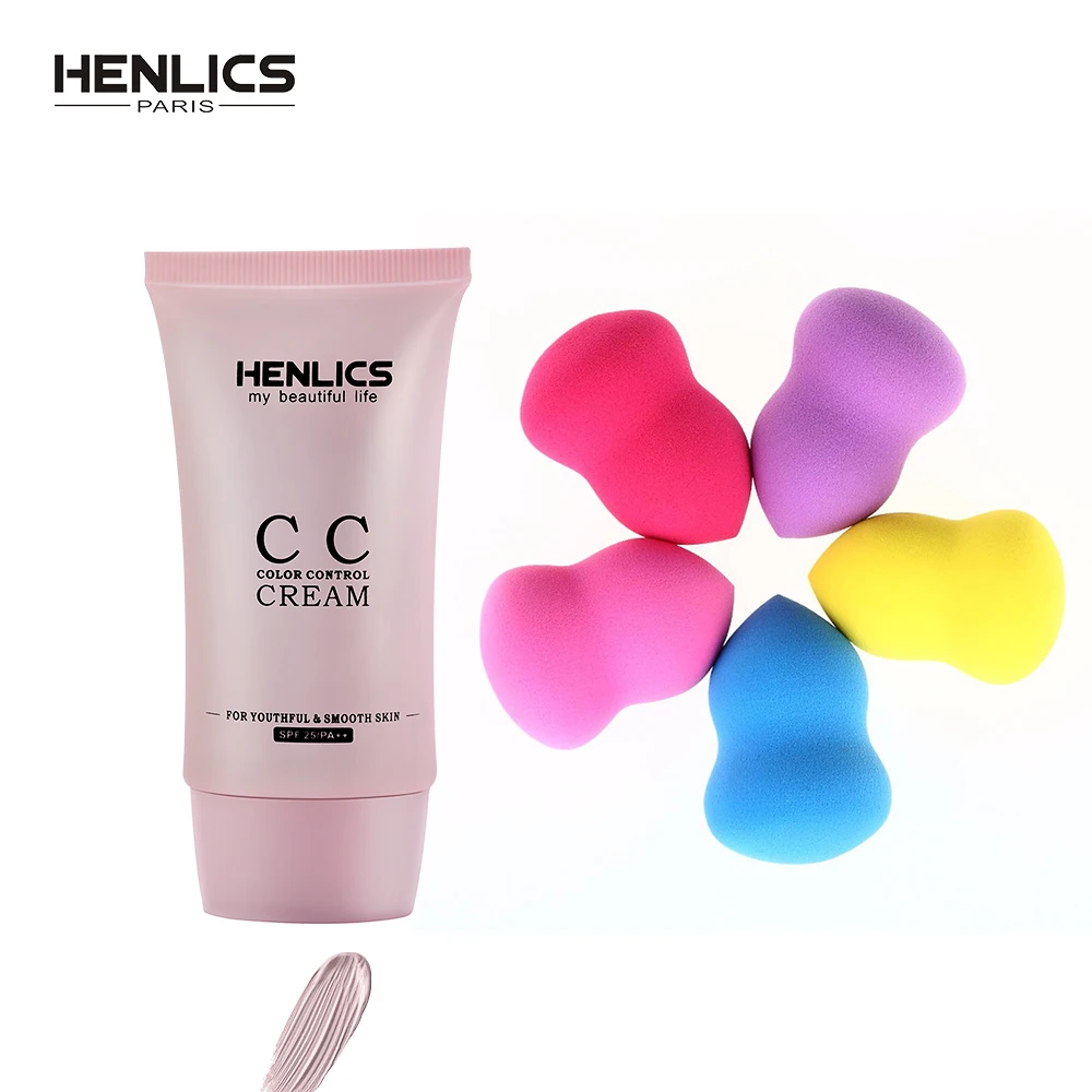 

HENLICS SPF25 CC Cream Beauty Balm Face Makeup Moisturizing Liquid Foundation +make up puff Color random Make up set