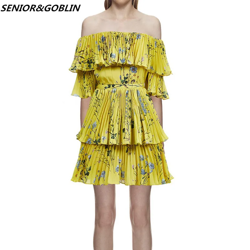 

2019 High Quality Self Portrait Dress Women Summer Bohemian Sexy Off Shoulder Yellow Floral Printed Pleated Beach Dress Vestido