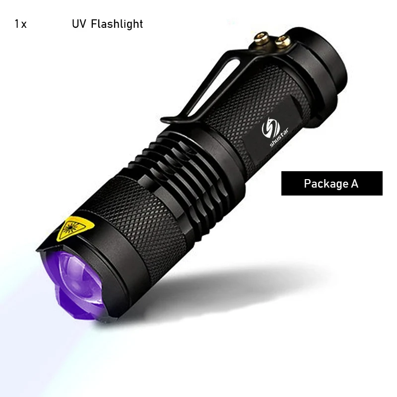 Package A Ультрафиолетовый светильник с УФ-вспышкой, мини-светильник с функцией зума, УФ-черный светильник, детектор пятен в моче, детектор пятен в виде скорпиона, батарея AA/14500 - Испускаемый цвет: Package A