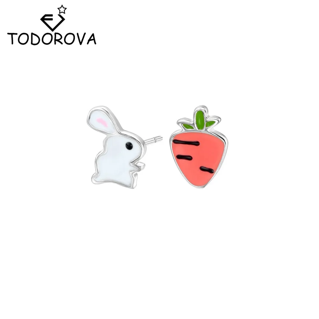 

Todorova Romantic Small Enamel Bunny Rabbit Carrot Plants Earring Asymmetry Cartoon Stud Earrings for Girls Kids Daughter Gift