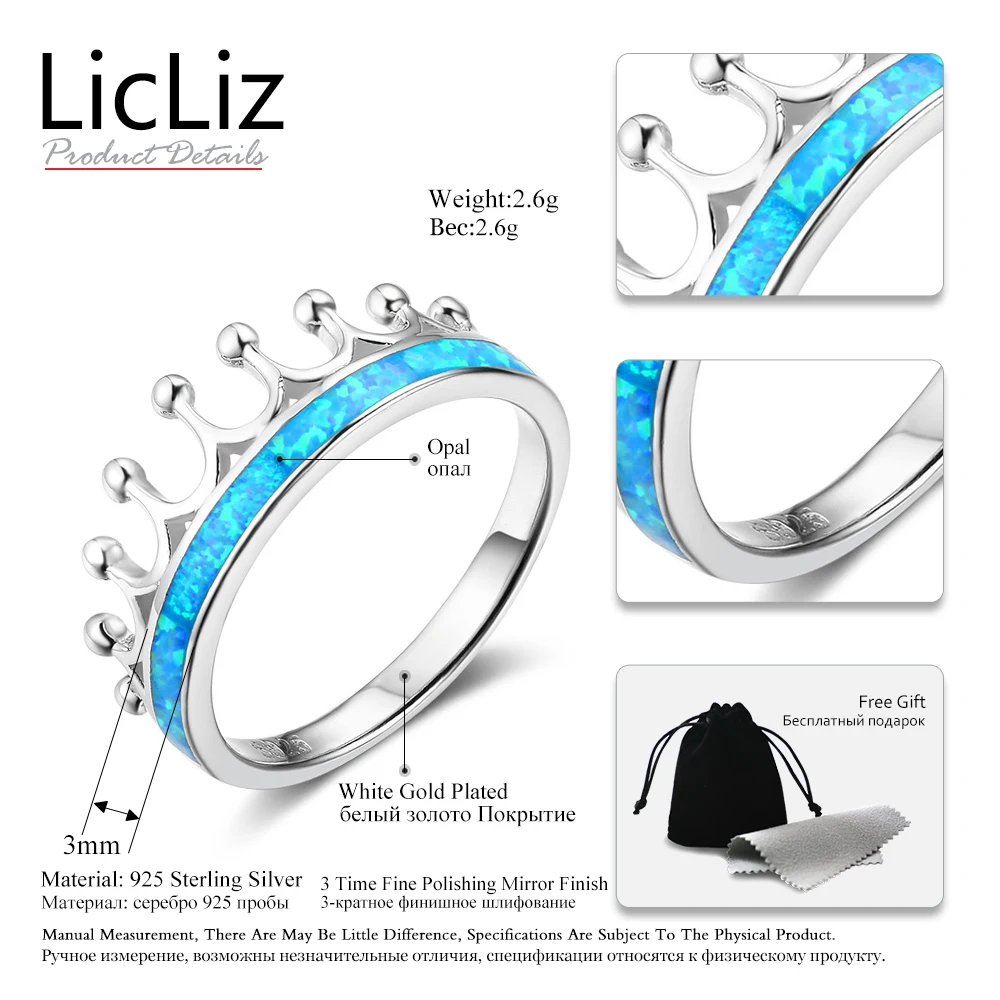 LicLiz, 925 пробы, серебряное кольцо вечности для женщин, кольцо с голубым опалом, обручальное кольцо с короной, обручальное кольцо Brinco LR0365