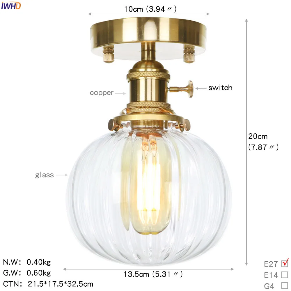 IWHD, скандинавский стеклянный шар, потолочный светильник, светодиодный, для гостиной, крыльца, домашнего освещения, винтажный медный потолочный светильник, плафон, Lampara Techo - Цвет корпуса: Copper