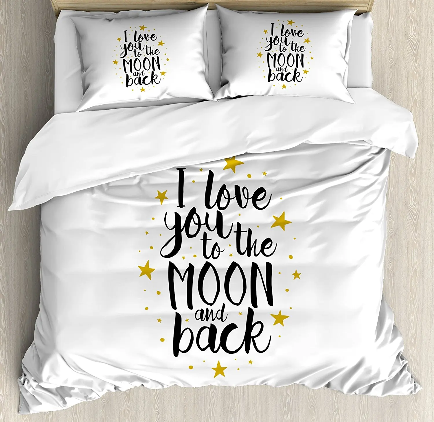 

Love Duvet Cover Set I Love You To The Moon and Back Doodle Stars and Inspirational Valentine's Quote, 4 Piece Bedding Set