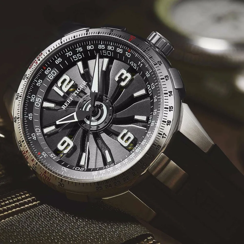 Риф Тигр/RT военные часы для мужчин сталь Автоматические часы резиновый ремешок вихревой циферблат спортивные часы RGA3059