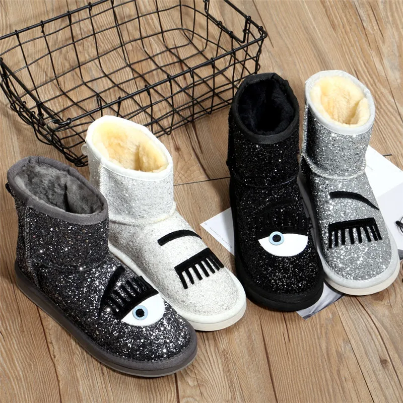 

Snow Slip on Boots Ankle Short Botas Eyes Botas Mujer Mixed Color Shoes Wome New Casual Ladies Shoes Bling Cozy Sapato Feminino
