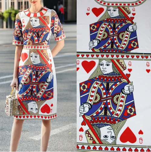 

115X145cm Love Theme Fresh and Fun Collection Queen of Hearts Q Poker Print White Charmeuse Fabric for Woman Dress DIY-AF316