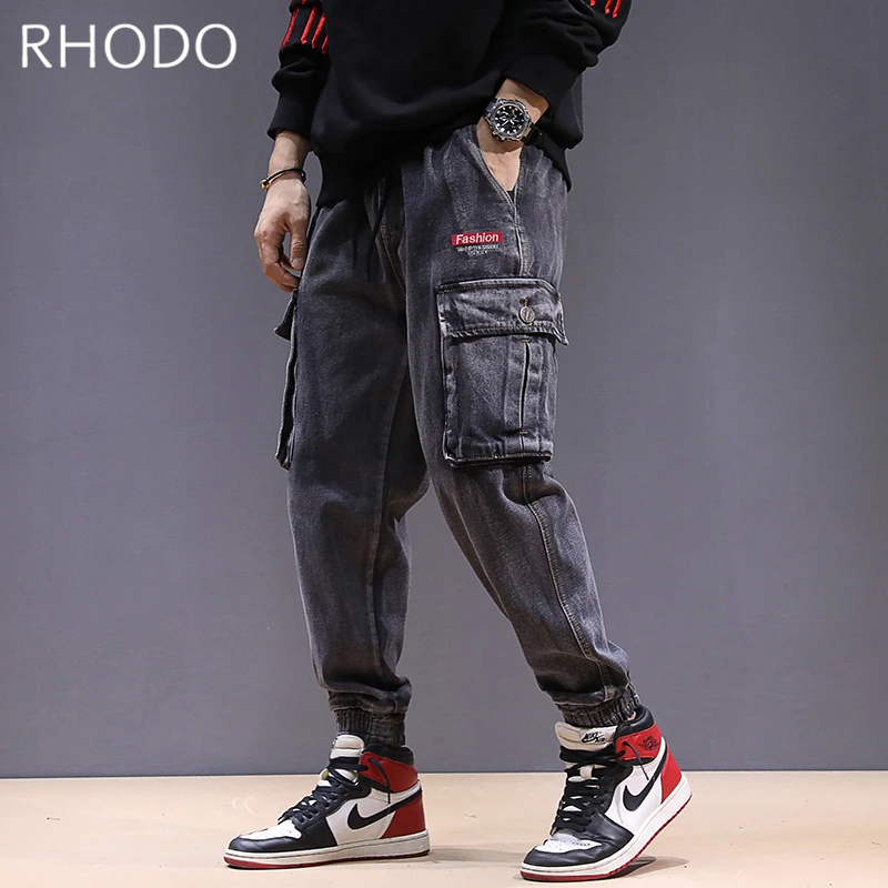 New Men`s Retro Black Printing Loose Denim Pants Harem Taper Fit Jogger Jeans