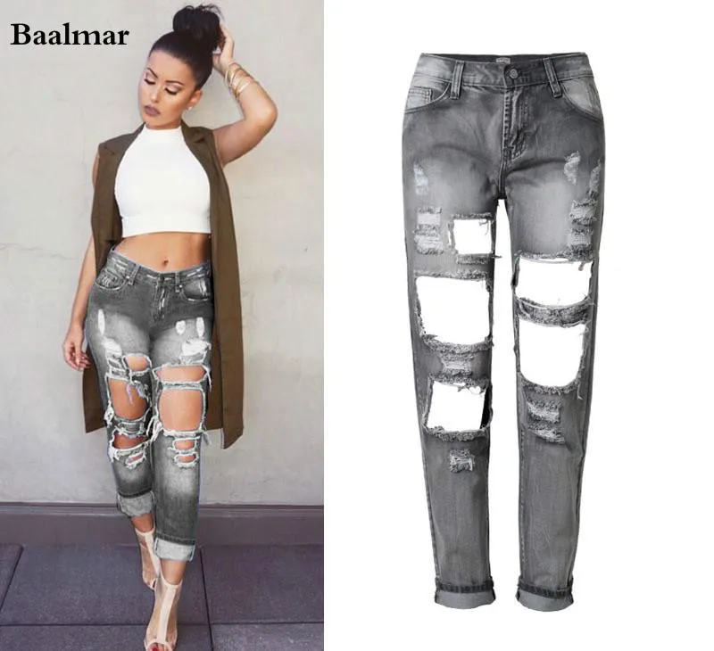 Baalmar Spring Ripped Jeans Female Casual Washed Holes Boyfriend Jeans For Women Regular Long Torn Jeans