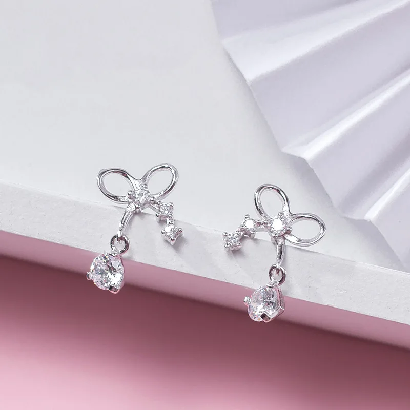 bowknot zircon earrings woman 100% 925 Sterling silver Jewelry fashion Hypoallergenic Stud earrings for women silver earring