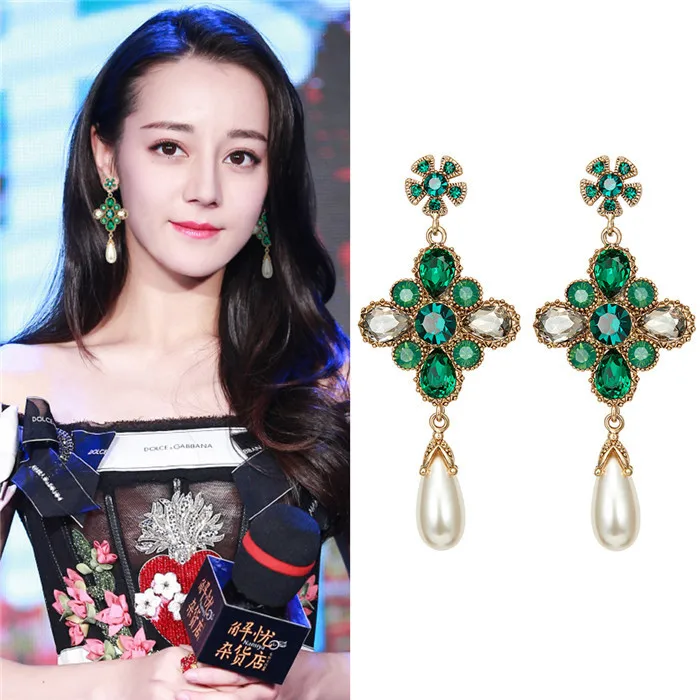 vintage green crystal pearl earring 925 silver post Hypoallergenic fadeless fashion jewelry dangle earrings for women girl gift