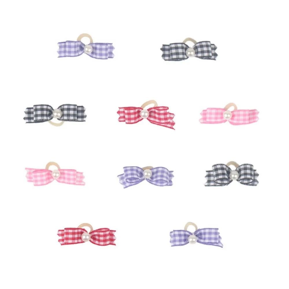 

10/20pcs Multi-colored Dog Bows Hair Accessories Plaid Imitation Pearl Rubber Band Bowknots Handmade Topknots for Long Hair Dogs