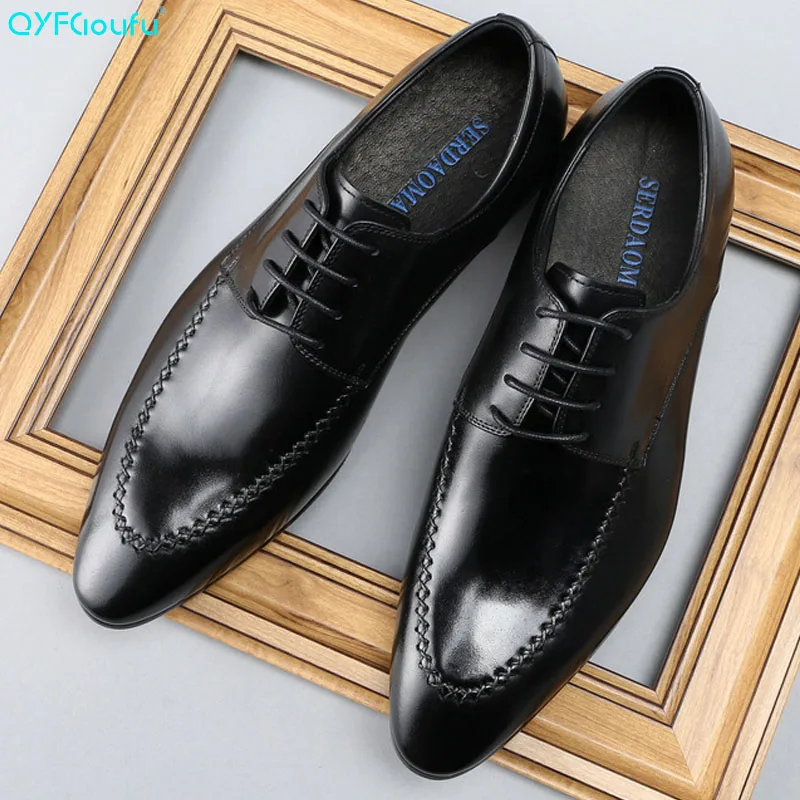

Pointed Toe Oxford Shoes For Men Fashion Lace-up Mens Dress Shoes Breathable Business Genuine Leather Formal Shoe